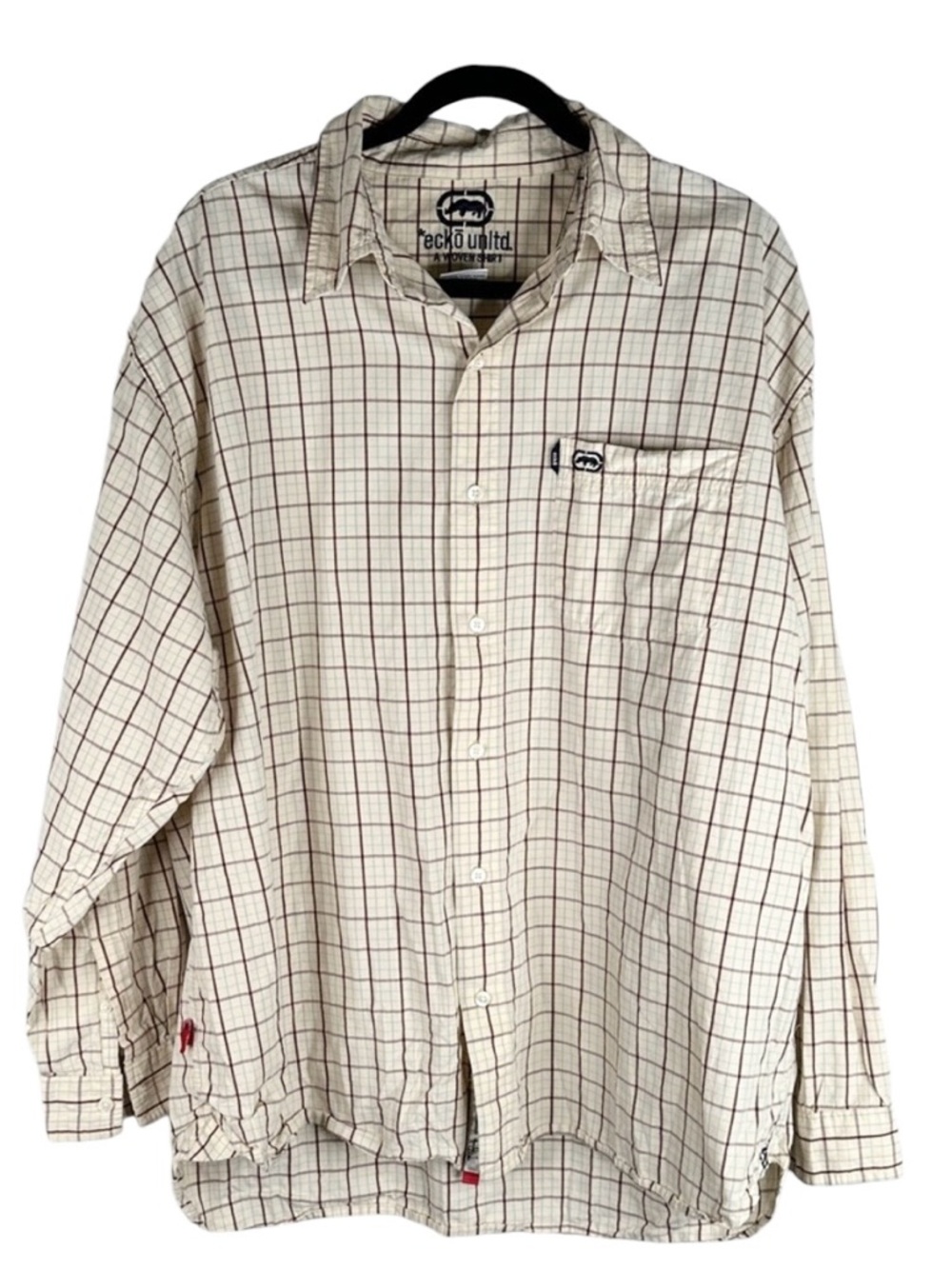 Ecko Unltd. Men's Cream Brown Checked Cotton Classic Button Down Shirt Size XL